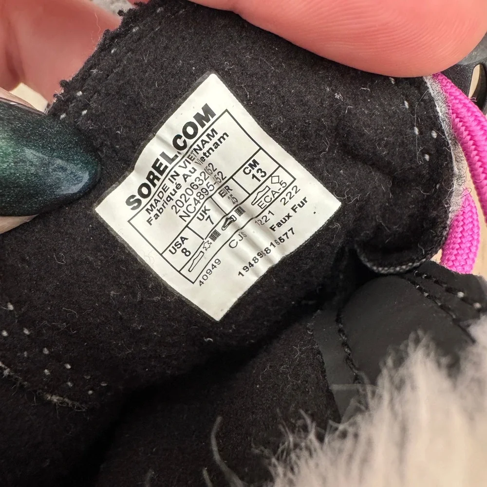 Sorel Explorer Youth Lace Boots Waterproof Gray Pink Fur Trim Size‎ 8 Girls EUC
